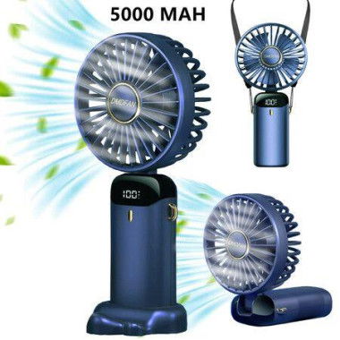 Mini Handheld Portable Hanging Neck Fan Adjustable USB Rechargeable With 5 Speeds For Home Office Travel (5000mAh - Navy Blue)