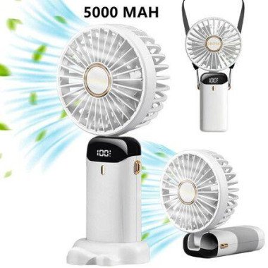 Mini Handheld Portable Hanging Neck Fan Adjustable USB Rechargeable With 5 Speeds For Home Office Travel (5000mAh - White)