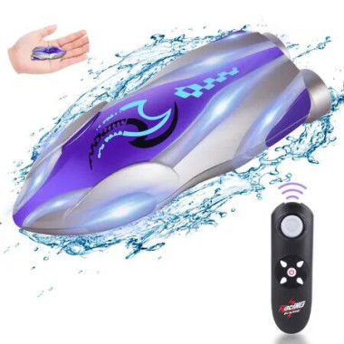 Mini High Speed RC Boat Remote Control LED Lights 360 Degree Rotation Pool Water Toy Gifts for Boys Girls Color Purple