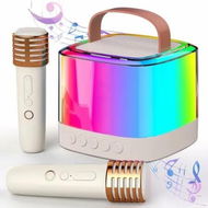 Detailed information about the product Mini Karaoke Machine for Kids, Portable Bluetooth Karaoke Speaker with 2 Wireless Mics and LED Color Lights, Home KTV, Birthday for Girls and Boys, Beige