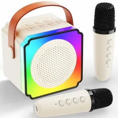 Mini Karaoke Machine for Kids,Portable Bluetooth Speaker with 2 Wireless Microphones for Home Party and Outdoor(Beige)