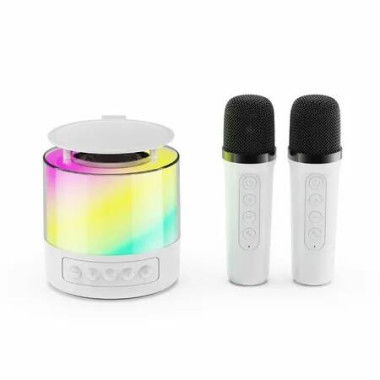 Mini Karaoke Machine for Kids,Portable Bluetooth Speaker with Wireless Microphone and LED Color Lights for Home Birthday Party (White,2 Mics)