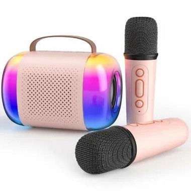 Mini Karaoke Machine, Portable Bluetooth Speaker with 2 Wireless Microphones and LED Colorful Lights for Home Party (Pink)