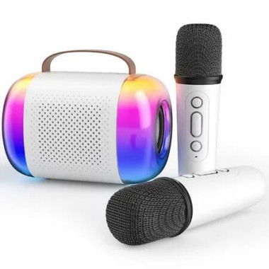 Mini Karaoke Machine, Portable Bluetooth Speaker with 2 Wireless Microphones and LED Colorful Lights for Home Party (White)