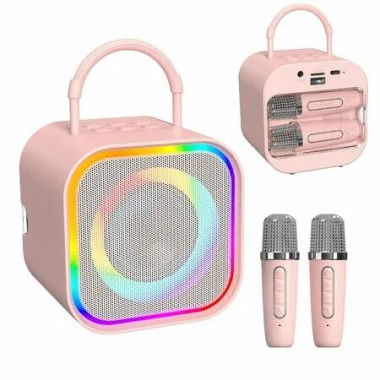 Mini Karaoke Machine Portable Bluetooth Speaker with 2 Wireless Microphones Built-in Storage,Fun Voice Effects Dynamic LED Lights,Birthday Gifts(Pink)