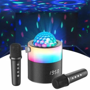 Mini Karaoke Machine with 2 Wireless Mics Portable Bluetooth Speaker Wireless Singing Machine,Disco LED Lights for Travel Home Party Gifts (Black)