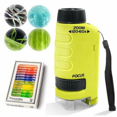 Mini Microscope 60X-120X Magnification for Kids Pocket Portable Handheld Led Lighted for Scientific Experiment Children Education Learning Toys Yellow