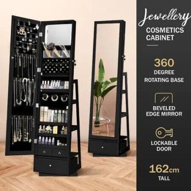 Mirror Jewellery Cabinet Storage Organiser Full Length 360 Degree Rotating Holder Stand Necklace Earrings Ring Armoire