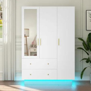 Mirrored Wardrobe Cabinet Dresser LED Bedroom Clothes Storage Organiser Cupboard Armoire Closet 3 Door 2 Drawer Shelf Full Length Mirror 120x50x180cm