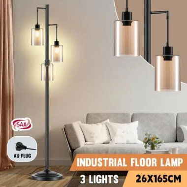 Modern LED Floor Lamp 3 Lights Black Standing Corner Reading Light Living Sitting Room Decor 165cm with Glass Lampshades