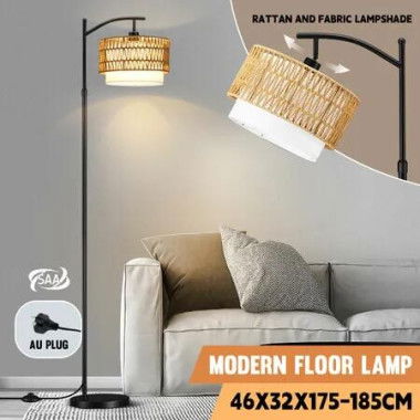 Modern LED Floor Lamp Black Tall Free Standing Adjustable Book Reading Corner Light for Bed Living Room with Rattan Fabric Lampshade