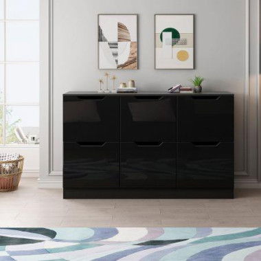 Modern Wooden Chest Of Drawers Bedroom 6 Drawers Storage High Gloss Front Black