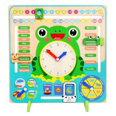 Montessori Wooden Toys Learning Clock Multifunctional Wooden Frog Teaching Clock Calendar Weather Season For Kids Age 3+.