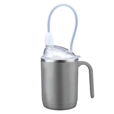 Multifunctional Sippy Cup for Elderly Spill Proof, Easy to Grasp Handles,15oz Stainless Steel Sippy Cup with Straw, No Spill Cups for Seniors (Grey)