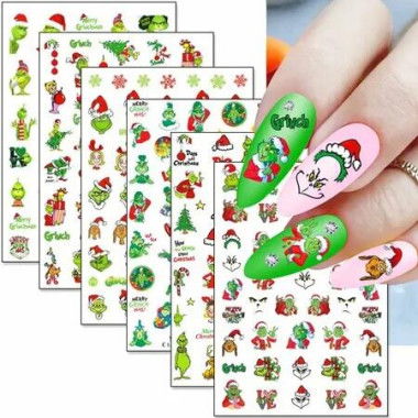 Nail Art Stickers Christmas Grinch Cartoon Adhesive Decals DIY Manicure Festive 6 Sheets