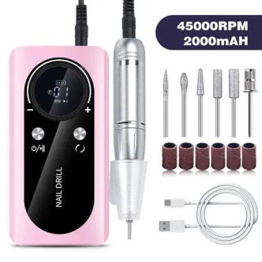Nail Drill Electric 45000RPM Portable File Rechargeable Sander Gel Polishing Home Manicure Salon Pedicure Colourful Pink Lightweight
