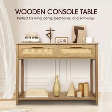 Narrow Console Table Hallway Sofa Couch Side Entryway Entrance End Accent TV Stand Home Living Bedroom Furniture Oak with Rattan Storage Drawers Shelf