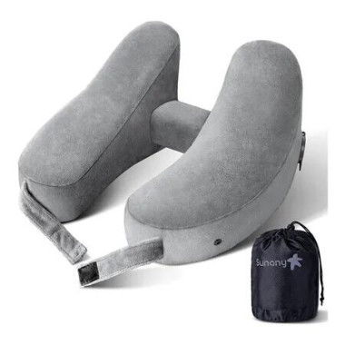 Neck Pillow for Travel Inflatable Airplane Pillow Comfortably Supports Head, Neck and Chin, Inflatable Travel Pillow with Soft Velour Cover and Portable Drawstring Bag (Grey)