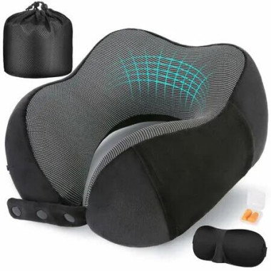 Neck Pillow for Traveling, Memory Foam Travel Neck Pillow, Portable Adjustable Flight Pillow with Carry Bag (Black)