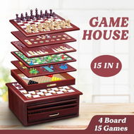 Detailed information about the product New 15-in-1 Chess Game Set Wooden Board Game Checker Backgammon Solitaire