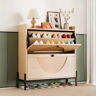 Oak Shoe Rack Cabinet Rattan Drawers Wooden Storage Cupboard Slim Narrow Footwear Organiser Shelf Metal Legs Modern Hallway Entryway Closet Furniture