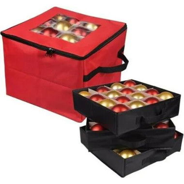 Ornament Storage Box 60D Cloth Organiser 3 Removable Trays Holder 48 Xmas Balls Red Christmas Holiday Decoration Keeper Space Saving Durable