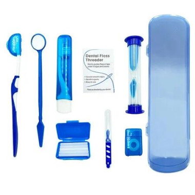 Orthodontic Travel Oral Care Kit Portable Toothbrush Set 8 Piece Blue