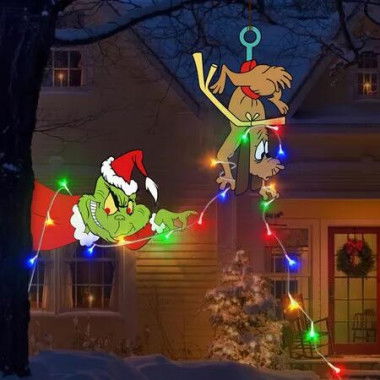 Outdoor Fence Christmas Decorations 3M LED String Lights Battery Operated Green Grinch Yard Signs for Xmas Holiday Garden