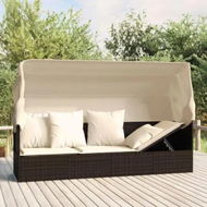 Detailed information about the product Outdoor Lounge Bed with Roof and Cushions Brown Poly Rattan