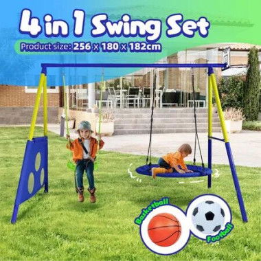 Outdoor Play Swing Set Basketball Hoop Flying Saucer Seat Chair Sports Football Gates Playground 4In1 Garden Yard Children Sensory Playset Metal Stand
