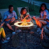 Detailed information about the product Outdoor Round Fire Pit Table With Mesh Screen Lid & Fire Poker.