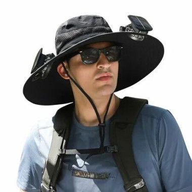 Outdoor Wide Brim Sun Hat with 2 Solar Fan Sun Bucket Hat for Men Women UPF 50+ Bucket Fishing & Beach Hat with Fan Built In,Black