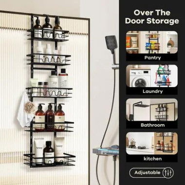 Over The Door Pantry Organiser Hanging Spice Storage Rack Shower Caddy Shelves Holder Kitchen Bathroom Adjustable Basket Metal Shelving Hooks 5 Tiers