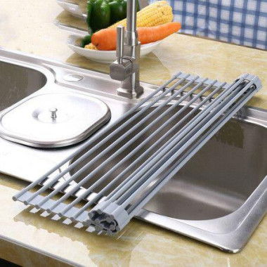 Over The Sink Dish Drying Rack Multipurpose Roll-up Dish Drying Rack Extra Large Dish Drainer Roll-up Sink Drying Rack Silicone Foldable Dish Rack (Warm Gray)