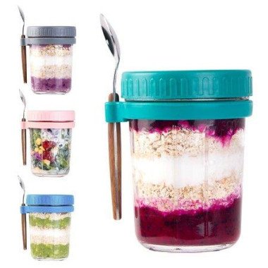 Overnight Oats Containers With Lids And Spoon Mason Jars For Overnight Oats 350ml Glass Oatmeal Container To Go For Chia Pudding Yogurt Salad Cereal Meal Prep Jars (4 Pack).