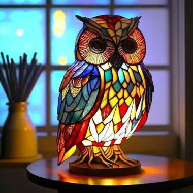 Owl Table Lamp, Retro Stained Resin Table Lamp 15 cm