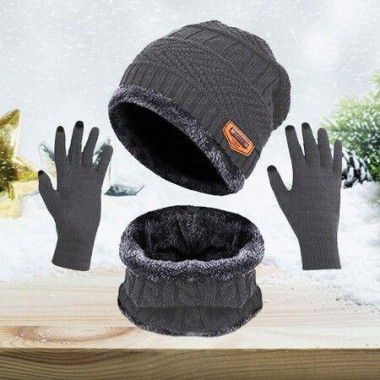 Pack Of 3 Winter Knitted Beanies Hats Collars Warm Gloves Fleece Lining Infinity Scarf Mens And Womens Gloves Color Grey