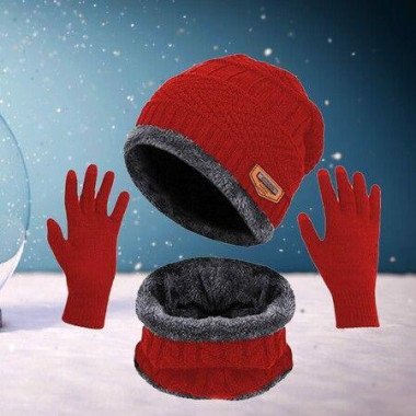 Pack Of 3 Winter Knitted Beanies Hats Collars Warm Gloves Fleece Lining Infinity Scarf Mens And Womens Gloves Color Red