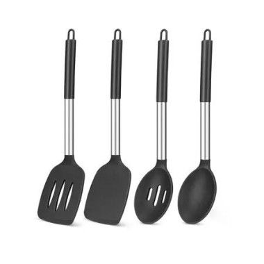 Pack of 4 Silicone Cooking Utensils Set,Non Stick Large Solid Spatulas,Heat Resistant Stainless Steel Khaki Slotted Spoons,Ideal BPA Free Kitchen Turners