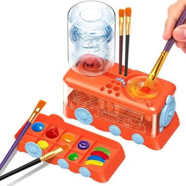 Paint Brush Cleaner with Paint Tray,Water Circulation Brush Rinser with Brush Holder,Watercolor Oil Water-Based Brush Cleaner Tool,400ml Capacity-Orange