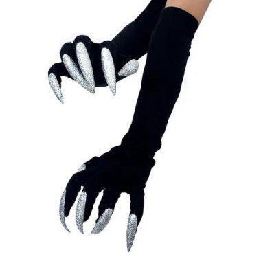 Pair of Halloween Cat Woman Claw Gloves Long Nail Paw with Black Sleeves for Cosplay Party Props