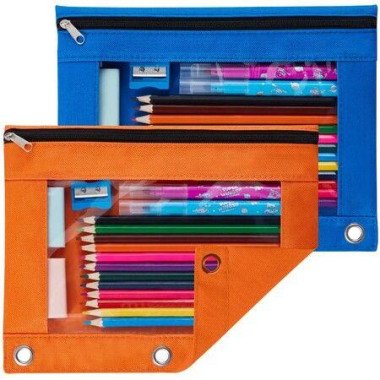 Pencil Pouch For 3-Ring Binder Binder Pencil Pouch With Clear Window Pencil Bags With Zipper & Reinforced Grommets Pencil Case For Binder (2-Pack Orange & Azure Blue)