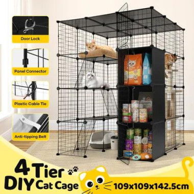Pet Cat Cage Indoor Kitten Enclosure House 4 Tier Kennel Playpen DIY for Ferret Hutch Rabbit Bunny 3 Platforms Ramps Detachable Metal Storage Cubes