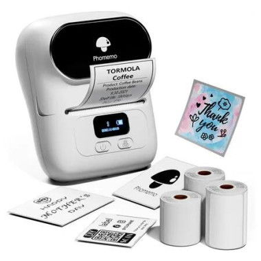 Phomemo M110 Label Maker with 1 Roll Labels, Mini Portable Bluetooth Thermal Label Printer for Clear Label, Barcode, Clothing, Office, Business, Compatible with Android and iOS, White