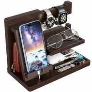 Detailed information about the product Phone Holder Wooden 2 Layer Docking Station Wallet Stand Watches Purse Glasses Keys Bedside Organiser Household Storage Display