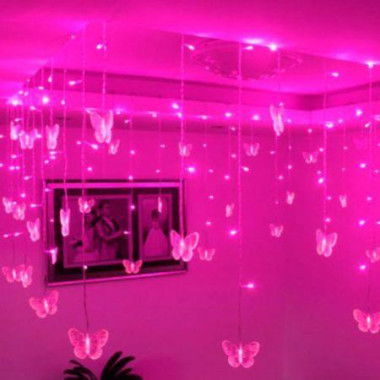 Pink 16 Butterfly 104 LED Curtain String Fairy Light 2x1m Xmas Party