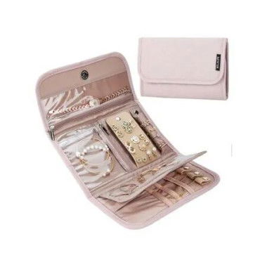 Pink Tri Fold Travel Jewelry Storage Box Foldable Roll For Earrings Necklaces Rings