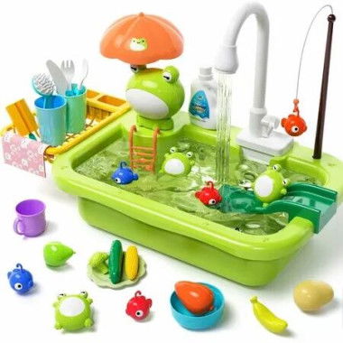 Play Sink Toy Kitchen Running Water Electric Faucet Accessories Floating Pool Fishing Game Interactive Pretend Roleplay Dishwasher Fun