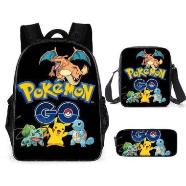 Pokemon Schoolbag Cartoon Cute Pikachu Primary School Student Backpack + Shoulder Bag + Pencil Case.