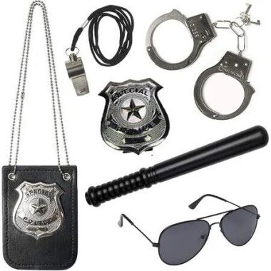 Police Pretend Play Toy Set Kids Toddler Boys Halloween Costume Metal Handcuffs Badge Baton Sunglasses Whistle